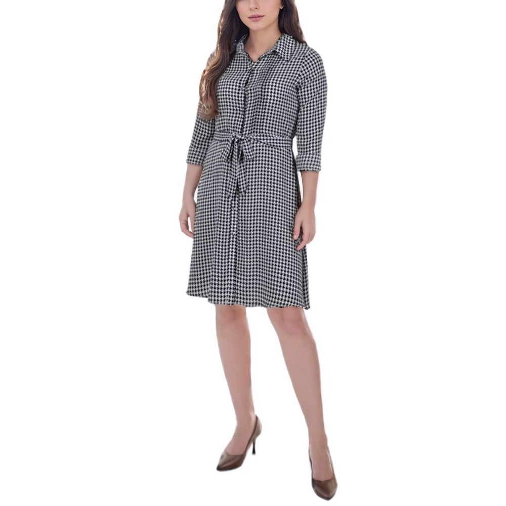 NY‎ Collection Shirt Dress Womens PXL Houndstooth Black/White Long Sleeve Belted
